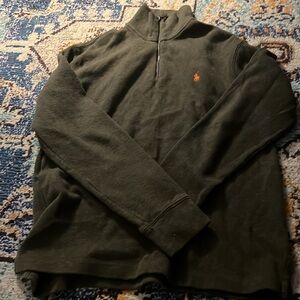 Mens quarter zip olive green sweatshirt with orange logo. Small. Euc. Cotton.